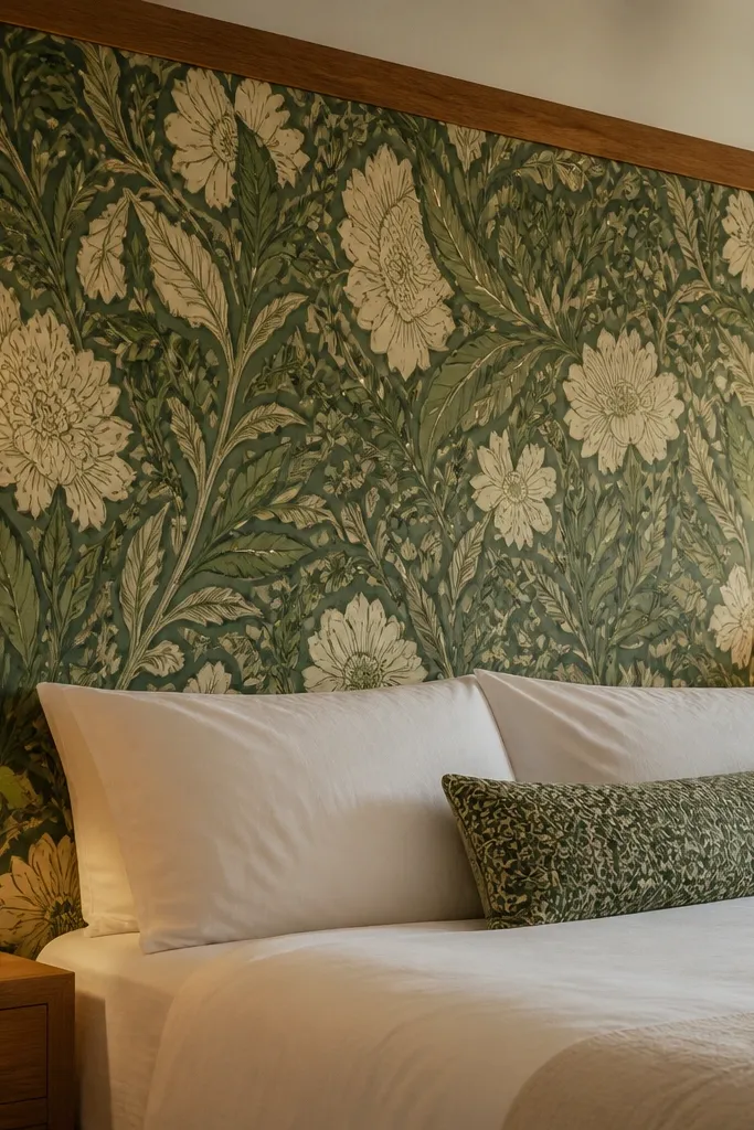 Bold botanical wallpaper panel in a simple wood border