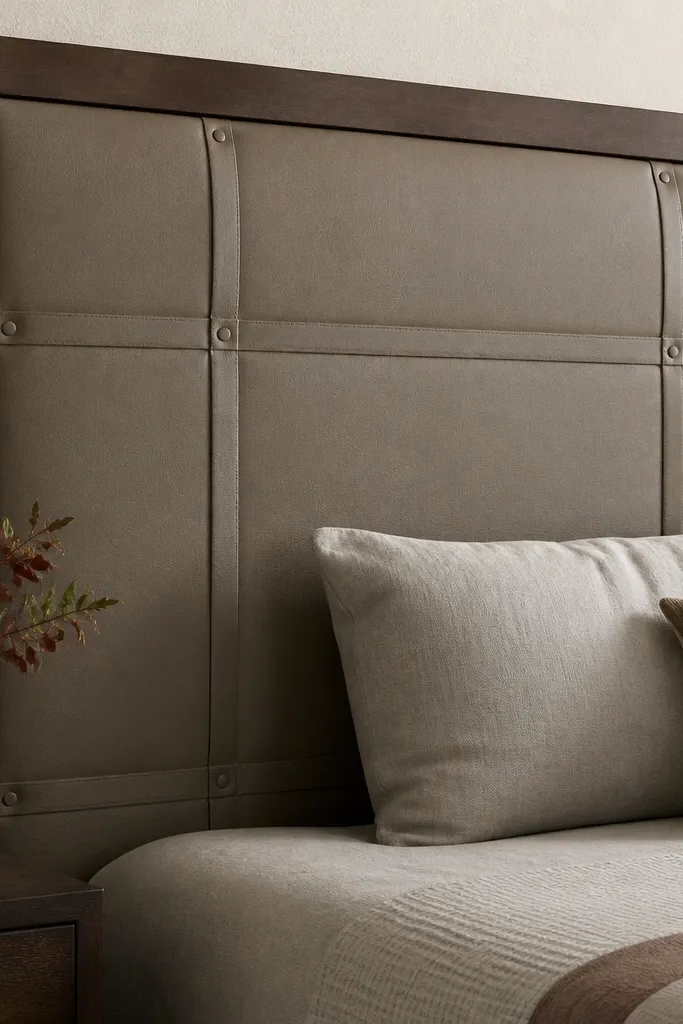 Taupe faux leather headboard with horizontal snap strips