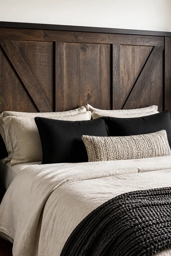Rustic barn-style headboard with paneling and metal ring pull