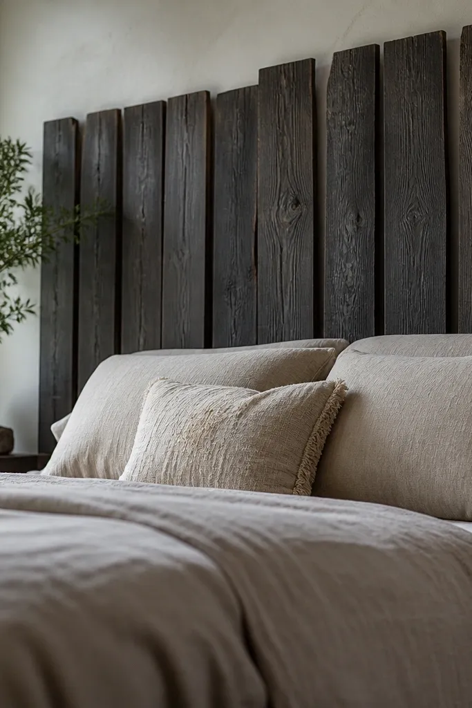 Charcoal slat headboard made from weathered wood planks