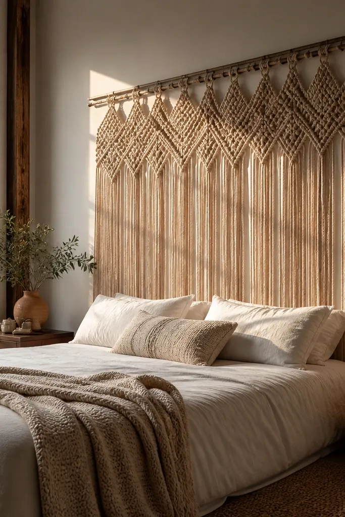 Cream macrame curtain headboard hanging from a wooden bar