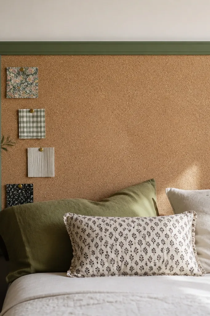 Corkboard headboard with a painted frame and pinned fabric accents