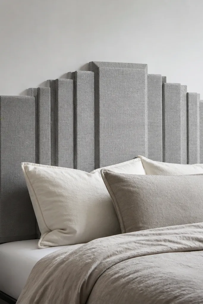 Geometric fabric panels with sculpted ridges on a bed
