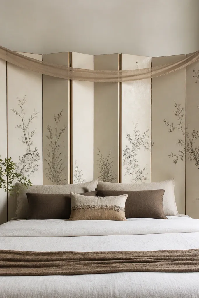 White folding screen styled behind a bed