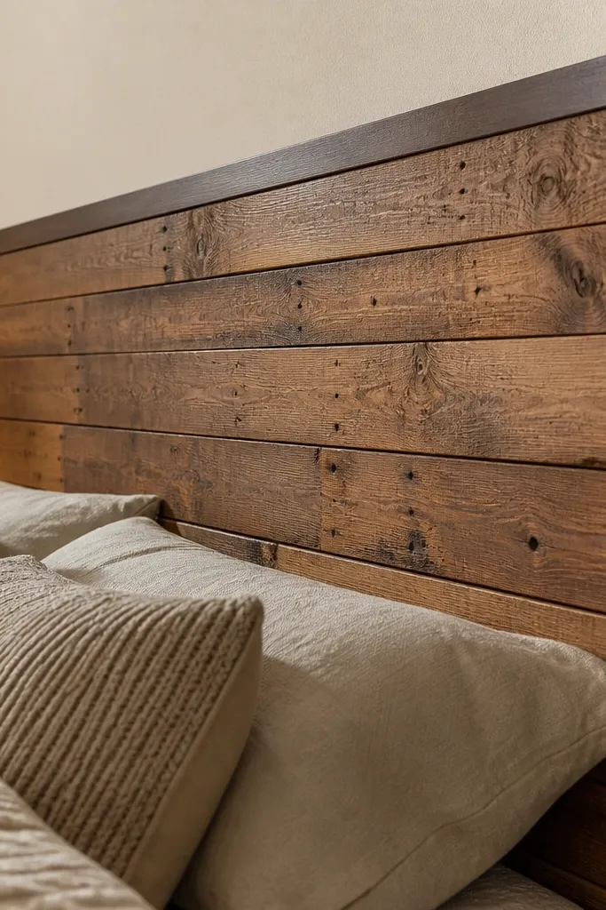 Stained pallet wood headboard with smooth edges and a dark finish