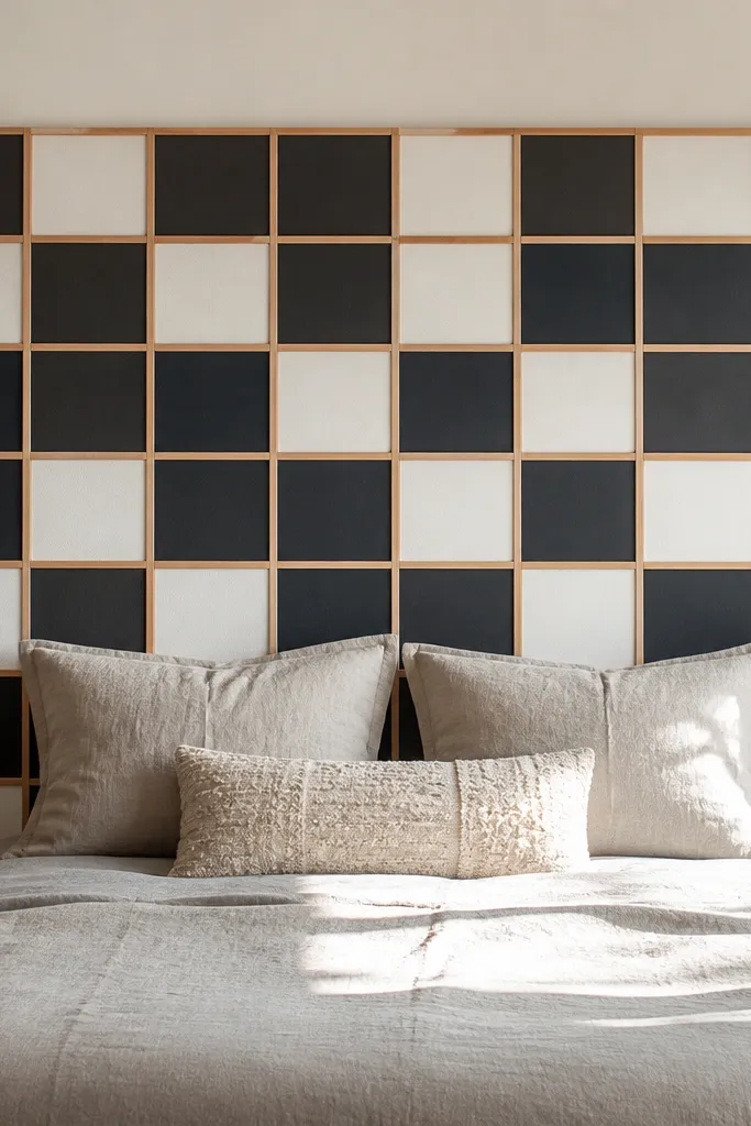 White headboard with painted 2-inch square grid lines