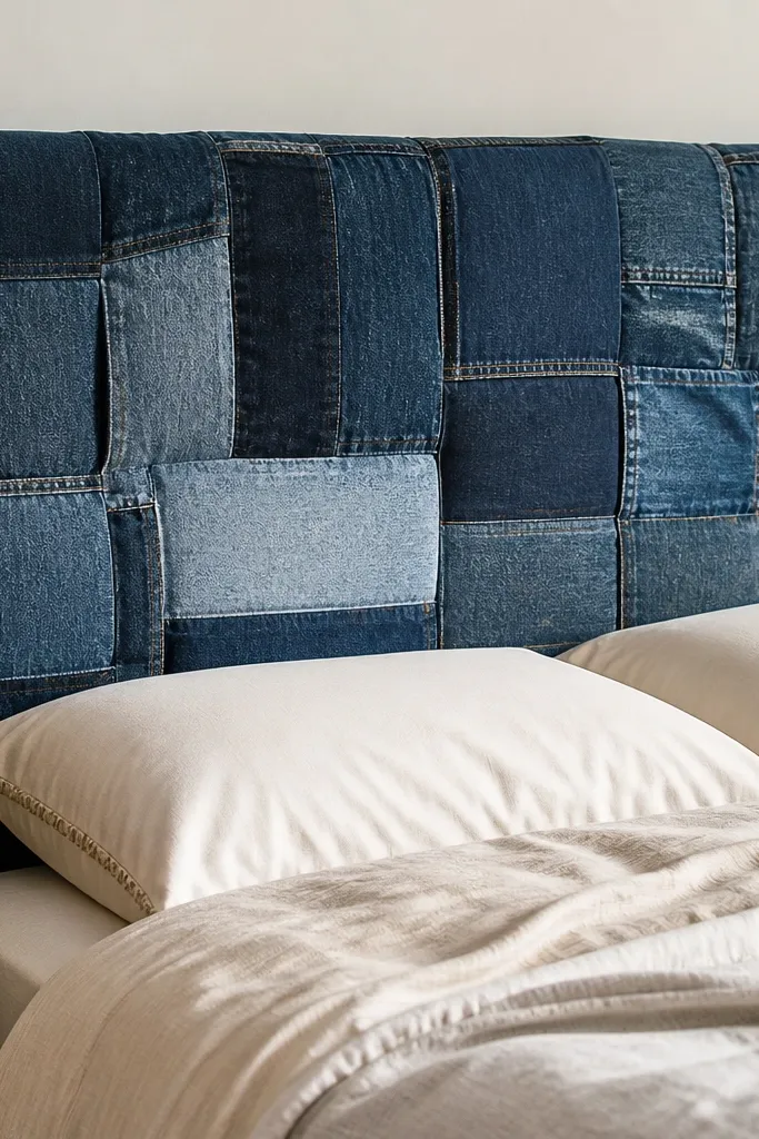 Denim patchwork headboard panel on a bed with soft texture