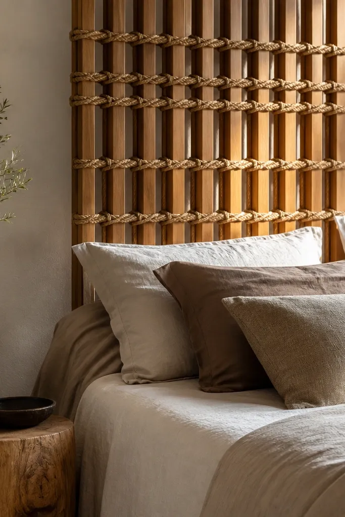 Wood laths tied with rope into a simple headboard shape
