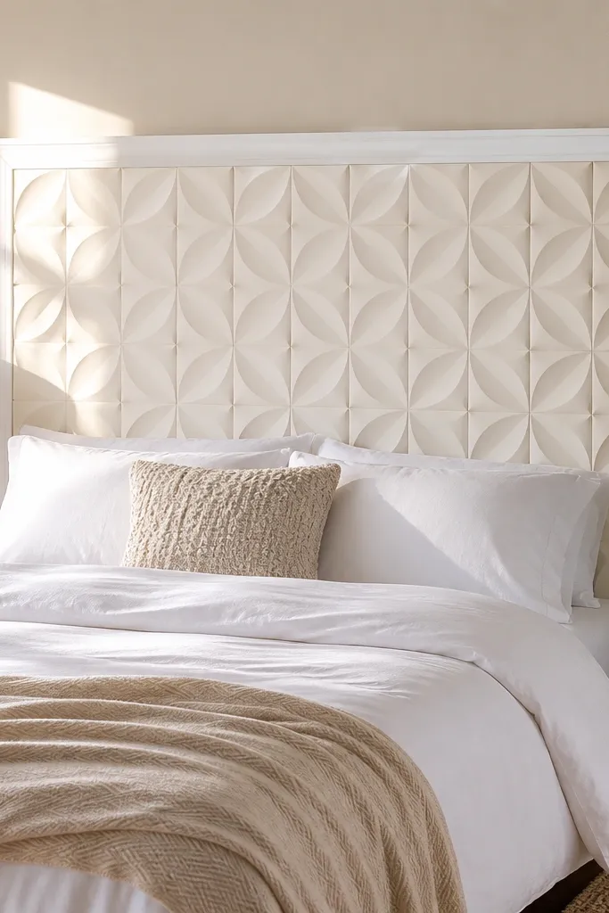 White 3D wall panel pattern headboard mounted behind a bed