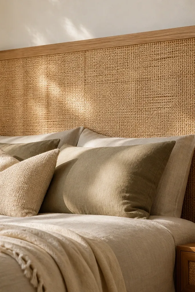 Woven rattan mat headboard framed in light wood