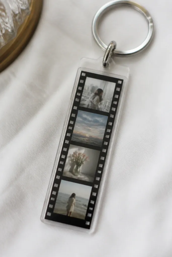 A small keychain made from a clear plastic photo sleeve with a strip of four mini photos inside, bordered by a black "film" frame. It hangs from a silver split ring and looks like a tiny vintage camera roll.