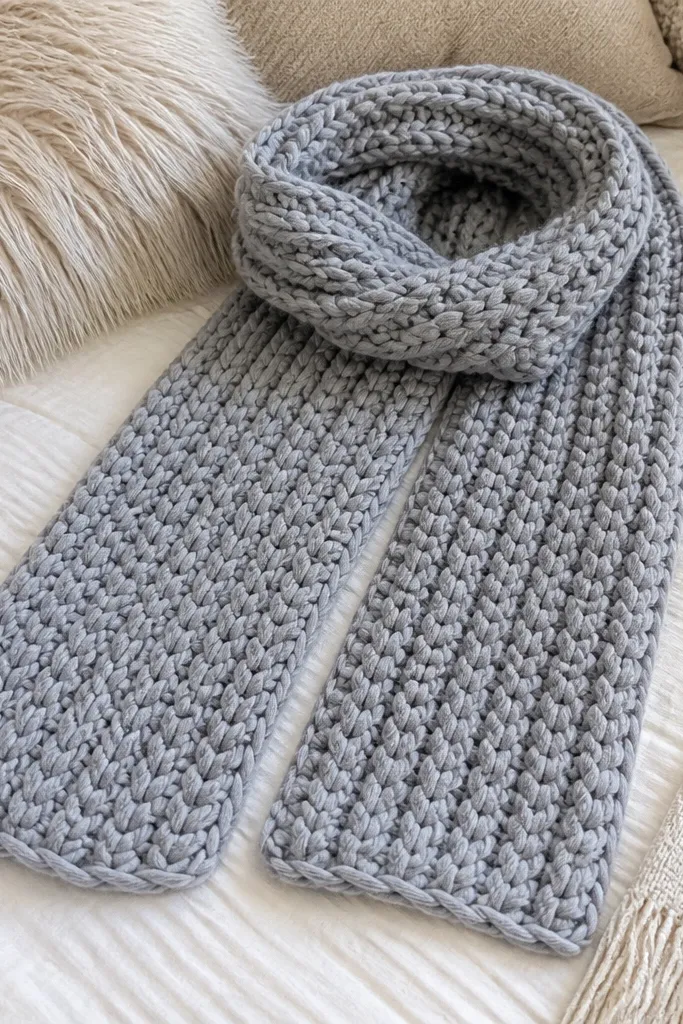 A soft chunky scarf in heather gray made from tube yarn, with visible loop texture and clean straight ends. It's laid on a bedspread and looks thick and warm without complicated stitches.