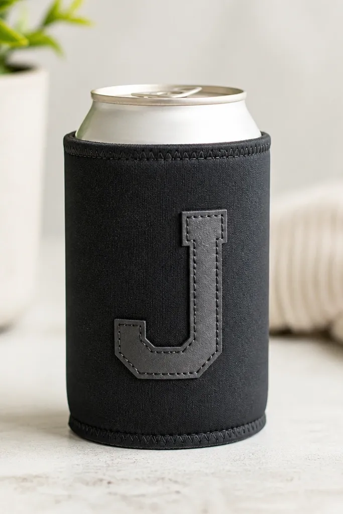 A neoprene koozie in dark charcoal with a stitched or vinyl letter "J" on the front. It's shown upright on a table, with clean edges and a snug fit around a small soda can.
