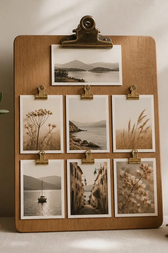 A small calendar display made from a wooden clip board with six photo cards clipped in a grid, plus a mini month label at the top. The photos are printed in matching tones and clipped with mini binder clips.