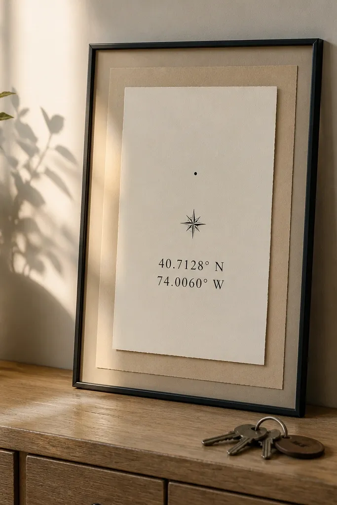 A small frame containing a layered paper design: a cream background, a thin map-style line drawing, and coordinates printed in black in the center. The paper layers create a shadow effect.