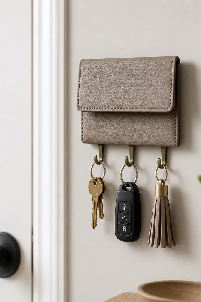 A small wall key organizer made from faux leather fabric over cardboard, with a magnetic flap closure on top and three metal hooks underneath. It's shown hanging next to a door.
