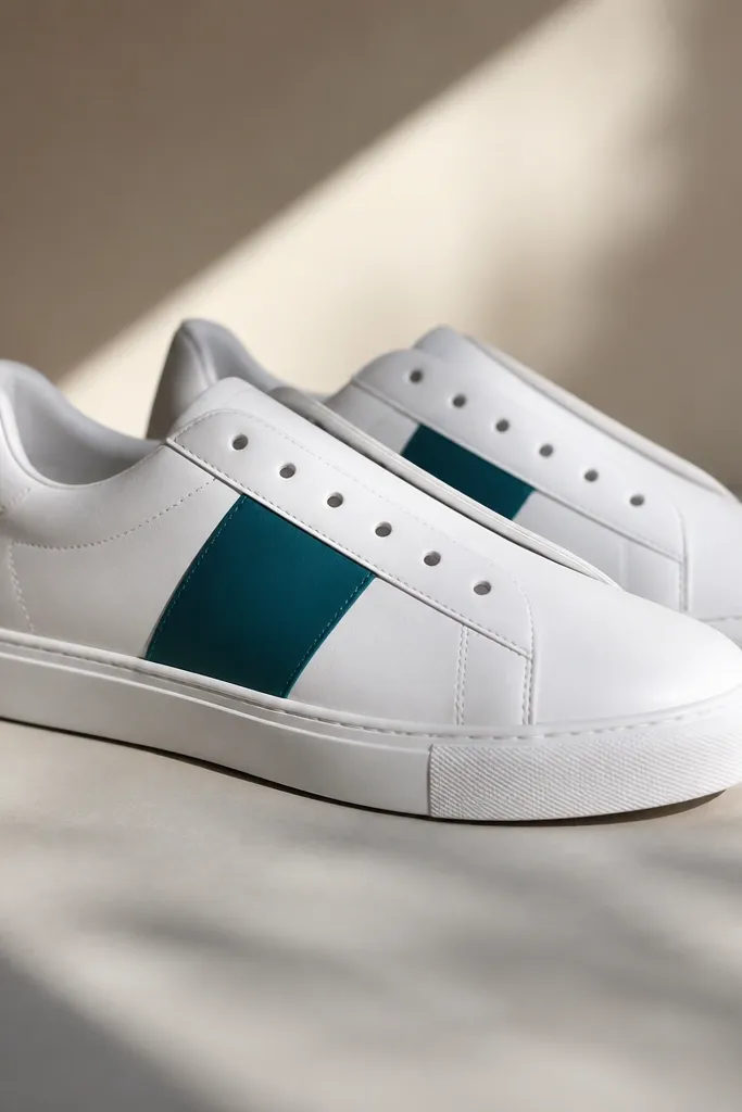 A pair of white low-top sneakers with a single bold accent stripe painted on the side - maybe teal - with crisp edges and a satin finish. The laces are removed and the shoes are taped off cleanly.