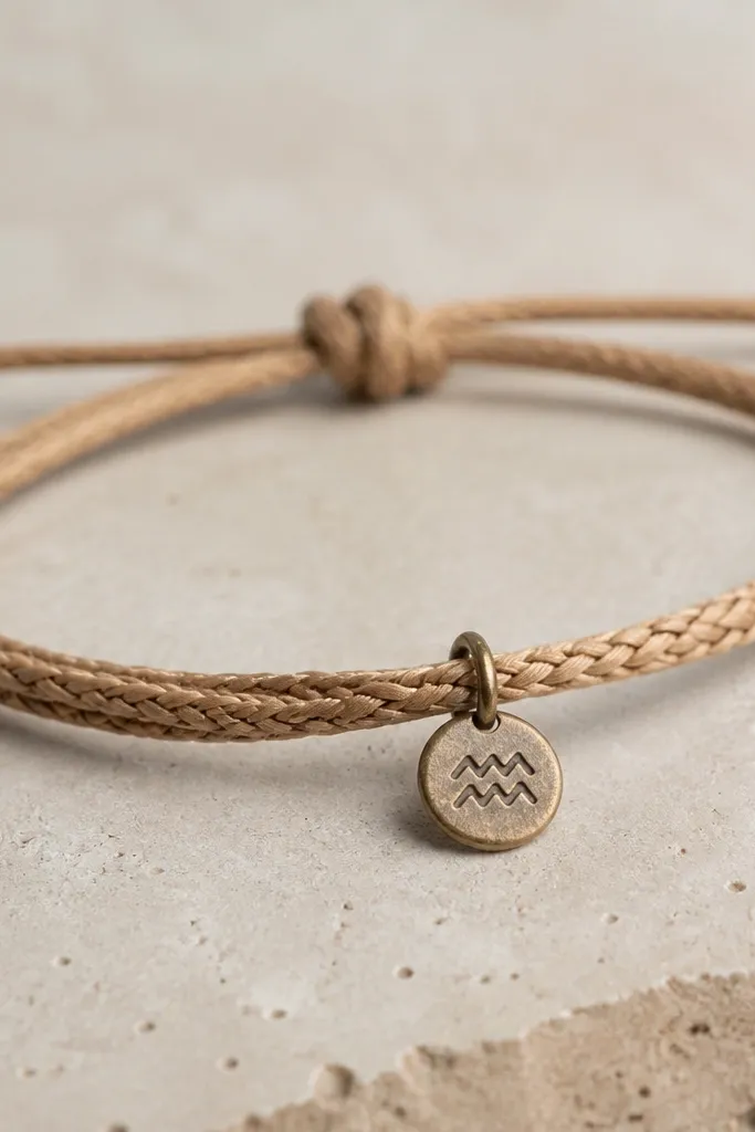 A braided rope bracelet in tan with a small metal charm stamped with a month symbol, plus a simple cinch knot closure. It's photographed close-up on a neutral background.