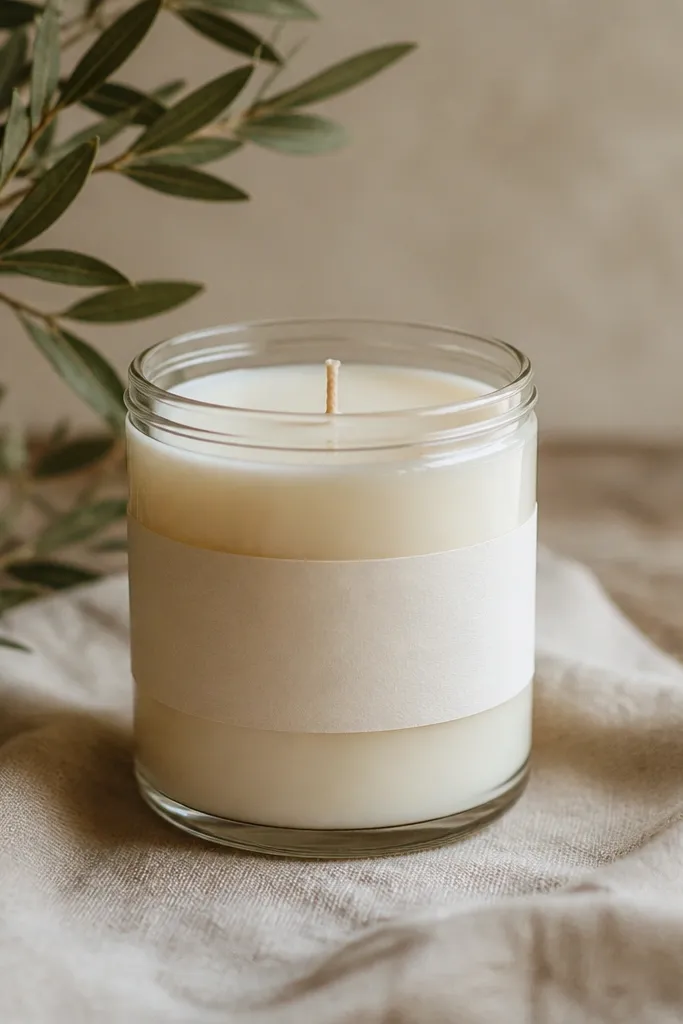 A candle in a clear glass jar with a simple cream label strip wrapped around it. The wax is a clean off-white and the wick is centered. The jar looks like it came from a small shop.