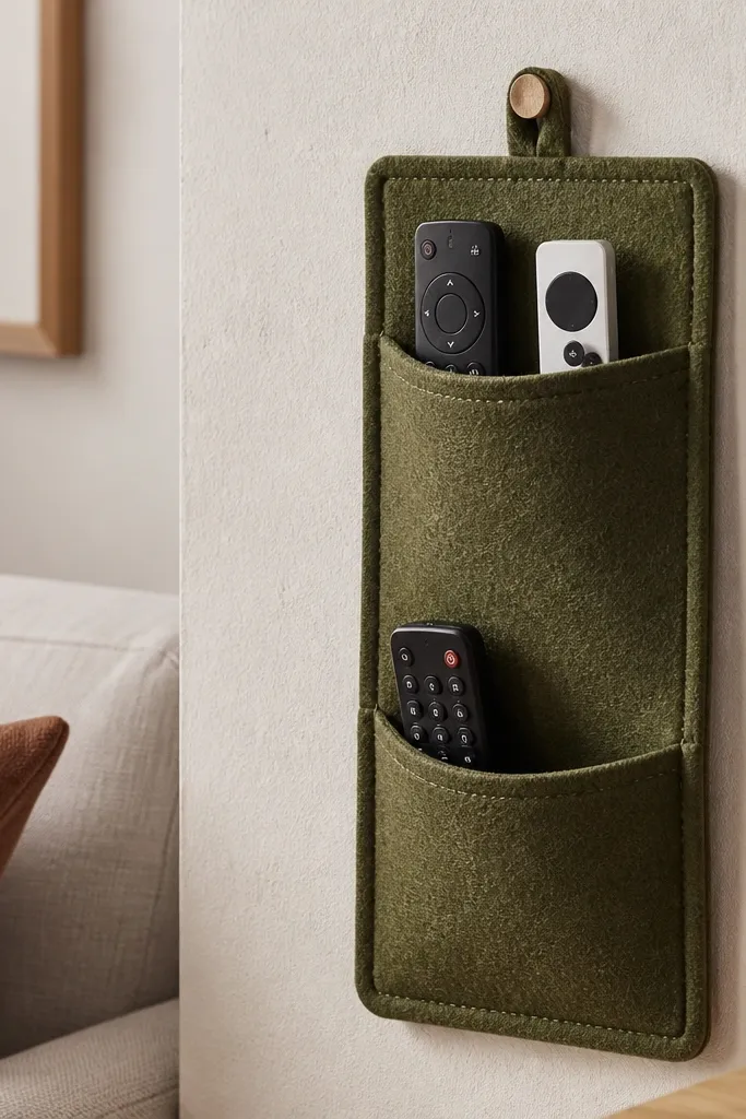 A felt wall pocket in olive green with two compartments, stitched edges, and a small top loop for hanging. It's shown against a wall near a couch with remotes inside.
