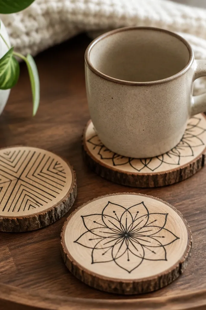 Three round wood slice coasters with a thin black line design drawn in Sharpie, sealed with a clear glossy or satin coat. They're arranged on a coffee table with a mug.