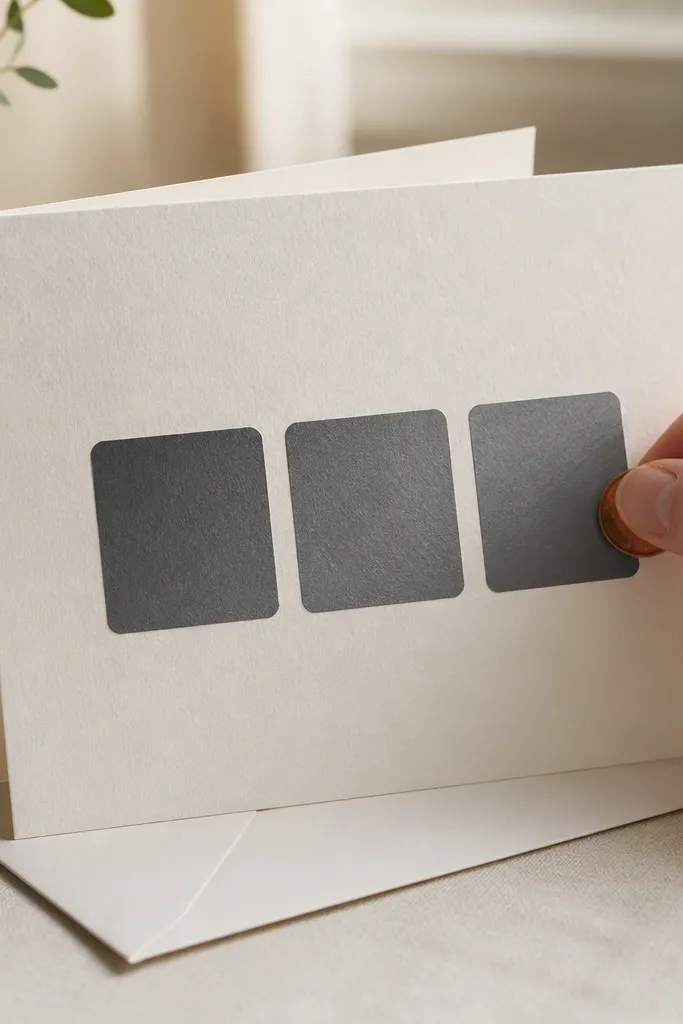 A thick greeting card with a dark gray scratch-off area in squares, each labeled with a first: first date, first song, first trip. The scratch-off looks like lottery ticket material.