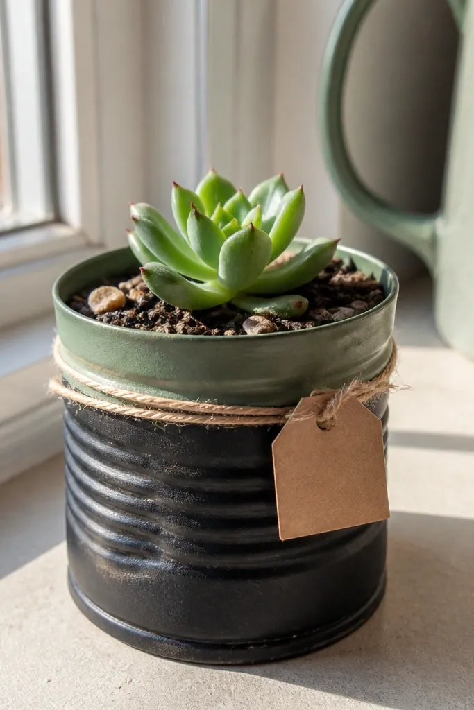 A small painted metal tin planter with drainage holes, a tiny succulent inside, and a hand-labeled date strip on the front. The tin is painted a soft sage green with a matte finish.