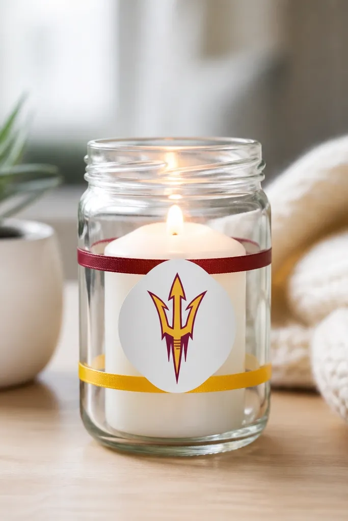 A clear glass jar candle holder wrapped with two thin bands of colored vinyl matching team colors, with a small paper team logo circle on the front.