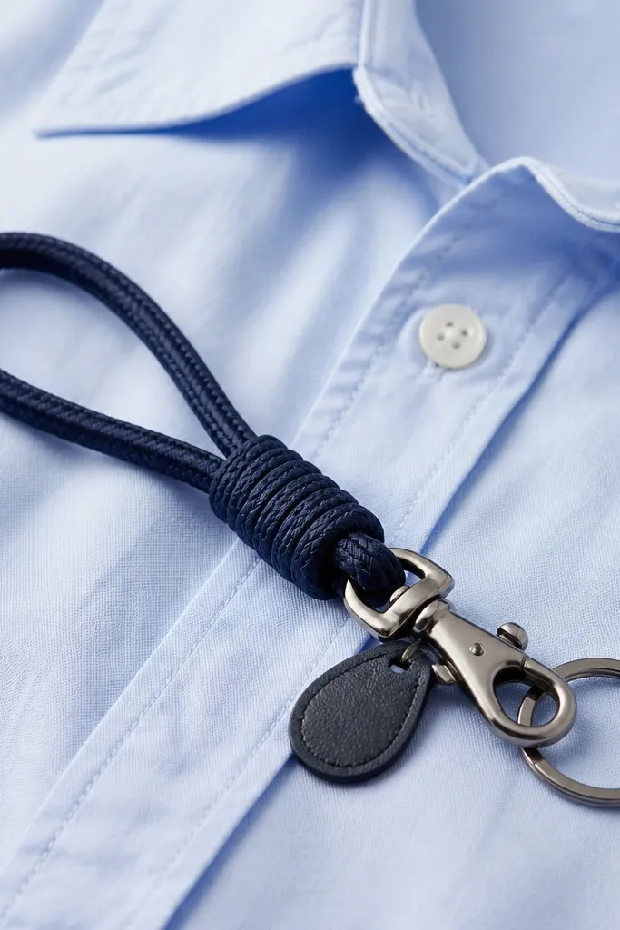 A short cord lanyard in dark navy with a metal snap and a key ring attached, plus a small leather tag near the clasp. It's photographed on a shirt collar background.