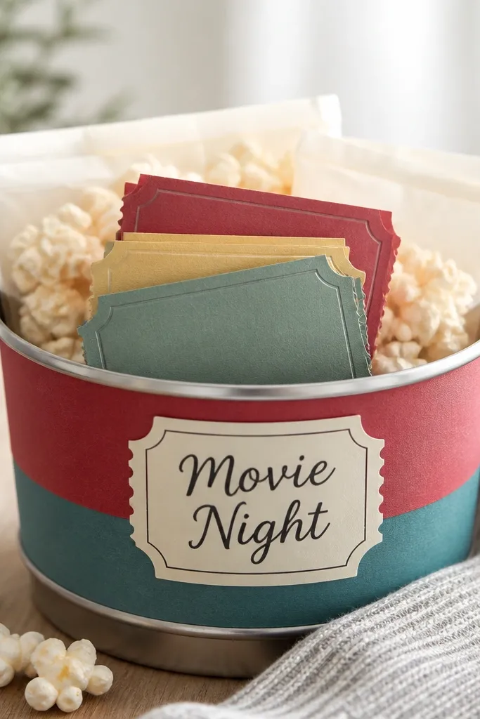 A small popcorn tin decorated with two color paper strips and a label reading "Movie Night." Inside are folded ticket cards on top of popcorn packets.