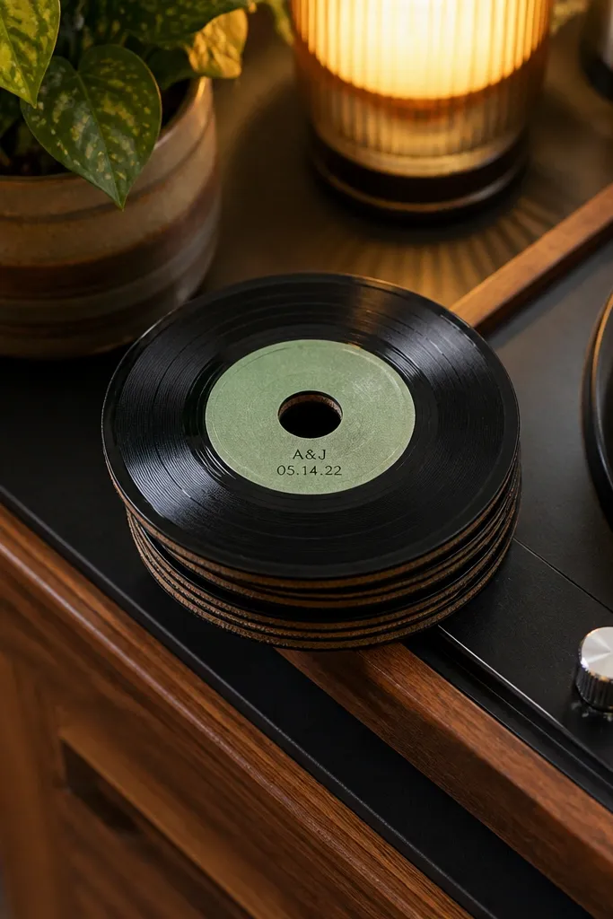 Four round coasters made from old vinyl records, with a small felt pad on the bottom and a simple painted date and initials on top. They're arranged on a table with a glass.