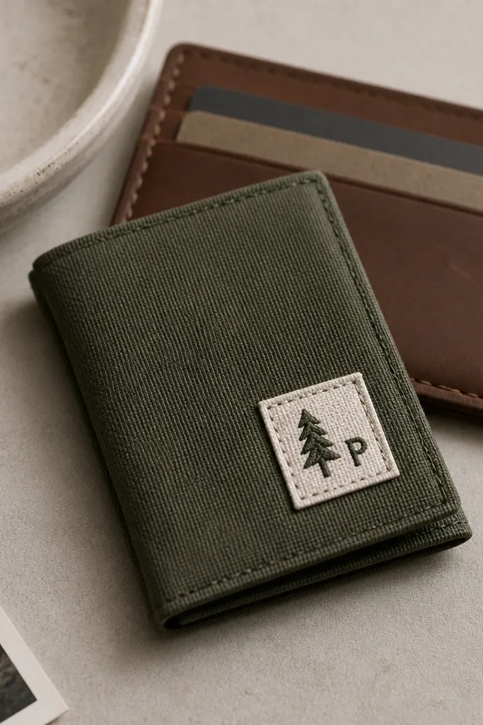 A slim fabric insert with a small embroidered patch on the front, folded to fit a card wallet. The patch shows a simple icon and one letter.