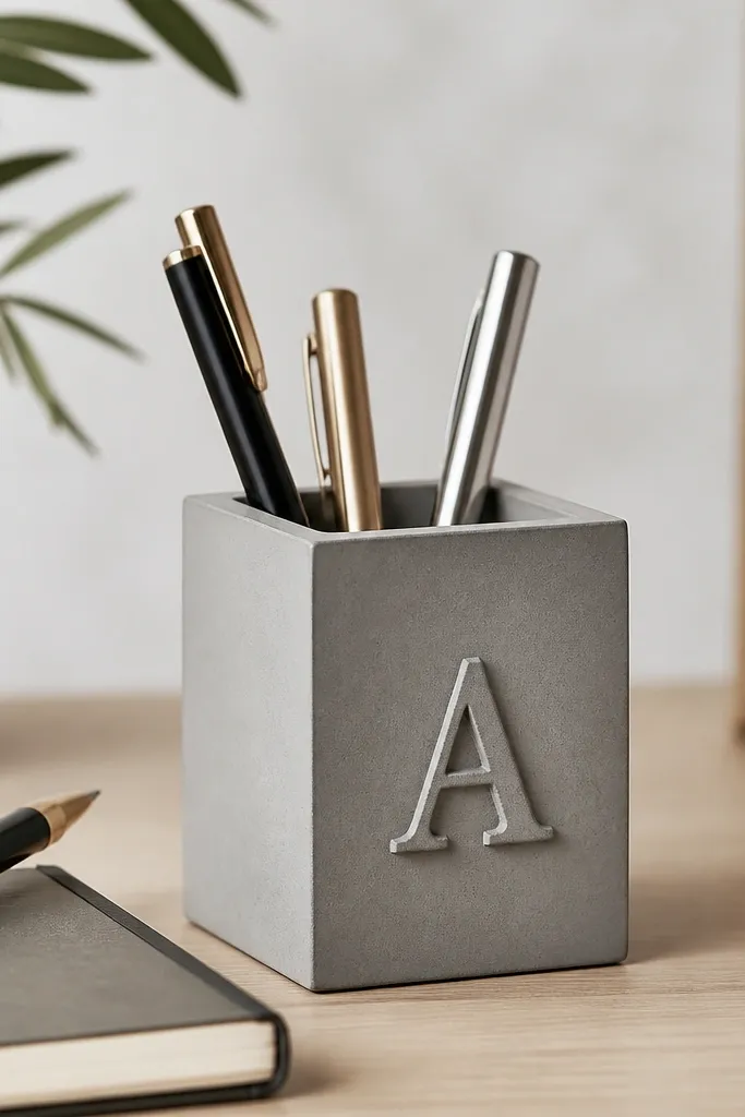A small pen holder in a cement-gray finish with a raised name stamp on the front, shown on a desk among pens and a notebook. The surface looks smooth and matte.