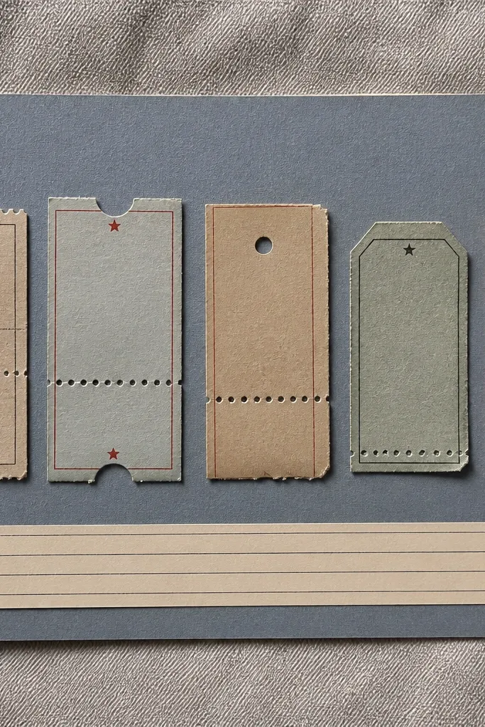 A scrapbook page with a horizontal strip of three ticket stubs across the middle, each stub slightly angled. Above the strip are two small handwritten date labels on cream cardstock. The background is muted blue matte paper with thin black lines, and the bottom has a narrow journaling strip with a date and two short sentences.