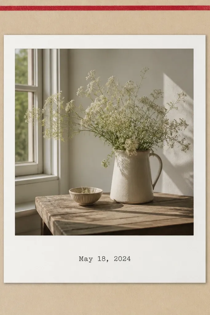 A page showing one large photo in the center with a white faux Polaroid border. The date text is typed in a simple font and placed on the bottom white mat. The background is warm beige cardstock with a thin red washi tape line along the top edge.