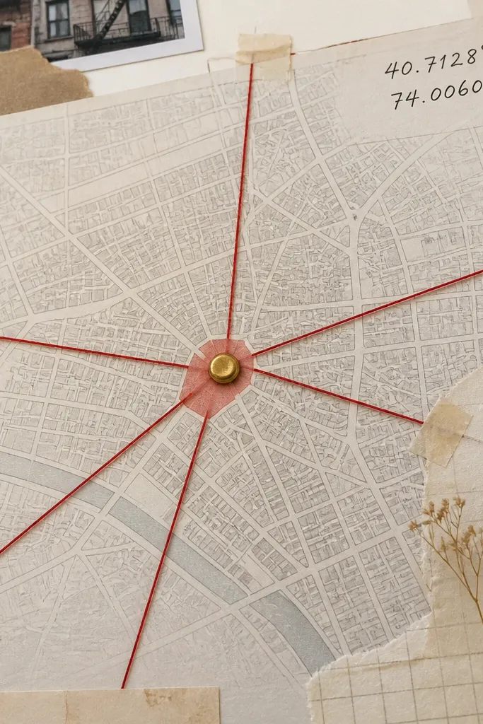 A scrapbook page with a printed street map in muted gray. A small red pushpin is replaced by a paper brad placed at a highlighted location with red thread lines radiating out. The coordinates are handwritten in black ink in the top right corner.