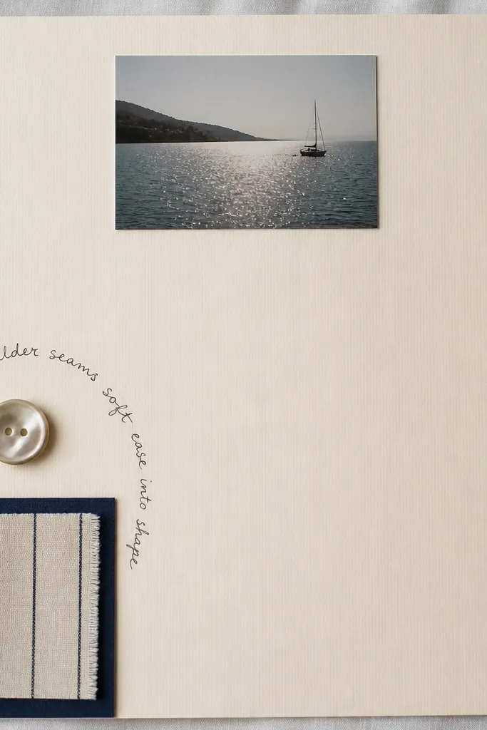 A cream cardstock page with a small rectangular fabric swatch in the lower left, bordered by a strip of navy paper. A single shiny button sits above the swatch, and a handwritten note curves around it. The rest of the page is mostly blank with one small photo in the top center.