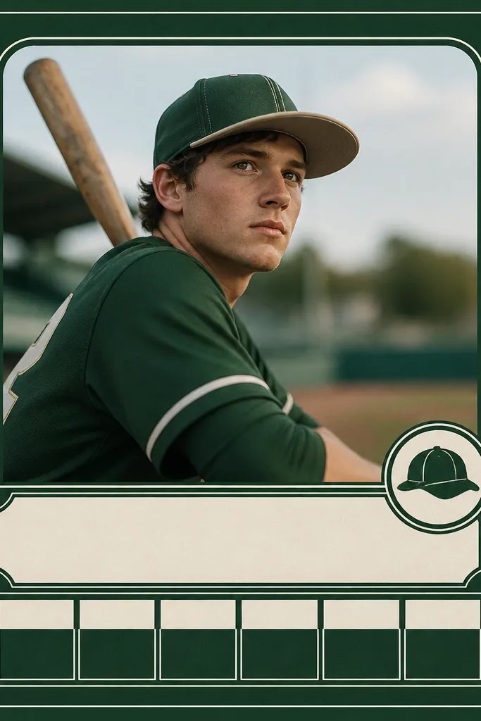 A page with a baseball card layout: a photo in the top half, a name area in the middle, and "stats" in small boxes on the bottom. The background is dark green. There are tiny white lines and a small team logo sticker.