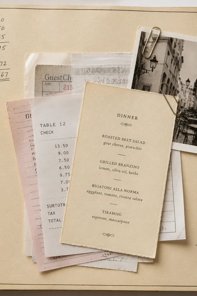A scrapbook page with several receipts layered like a wallet. A small menu card sits on top with a photo clip at the corner. The background is light tan with a thin black border and handwritten totals in the margins.