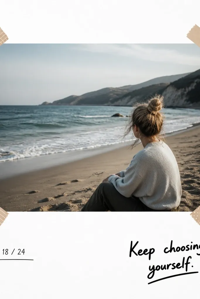 A page with a clean white background. Four pieces of washi tape form a corner frame around a large photo. In the bottom right, there's a single bold quote in black marker. The journaling is minimal: one date line under the photo.