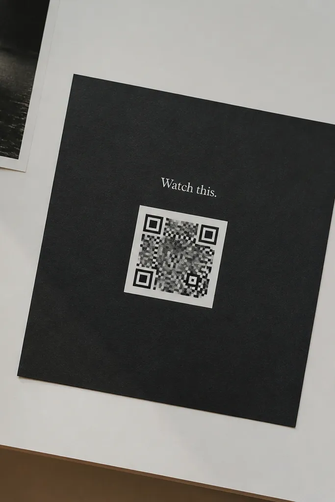 A page with a matte black cardstock block in the center. On top of it is a printed QR code in white square, with a small label above that reads "Watch this." A small photo sits in the top left corner.