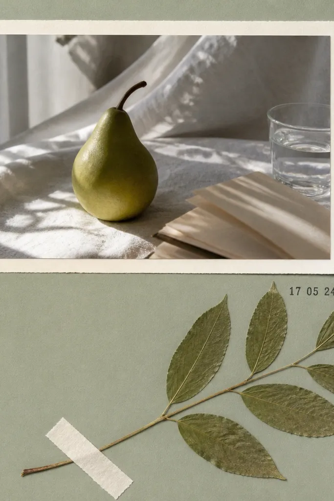 A soft sage green page with a pressed leaf placed diagonally near the bottom. A small strip of cream paper frames it. There's one photo in the top half with a simple black date stamp.