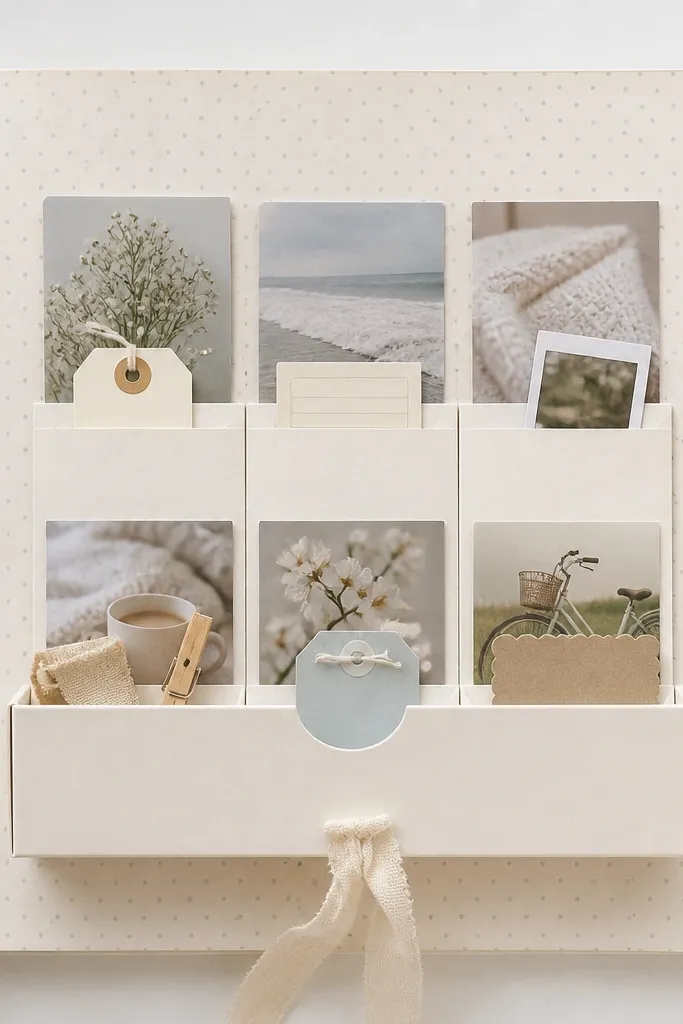 A page with a faux drawer made from folded cardstock. Inside the drawer are small labeled pockets. Each pocket holds a tiny item or note with a photo behind it. The background is light cream with subtle gray dots.