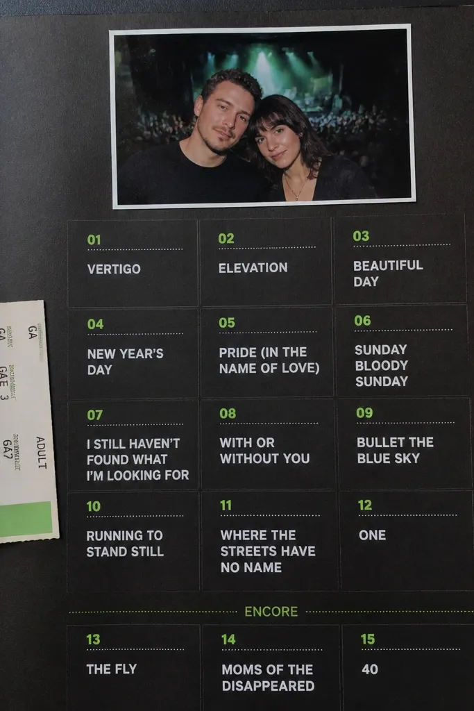 A page with a setlist printed in a grid of blocks. The top has a small photo of two people at a venue. The background is black cardstock, and the setlist text is in white and neon green ink. A small ticket stub is glued along the left edge.
