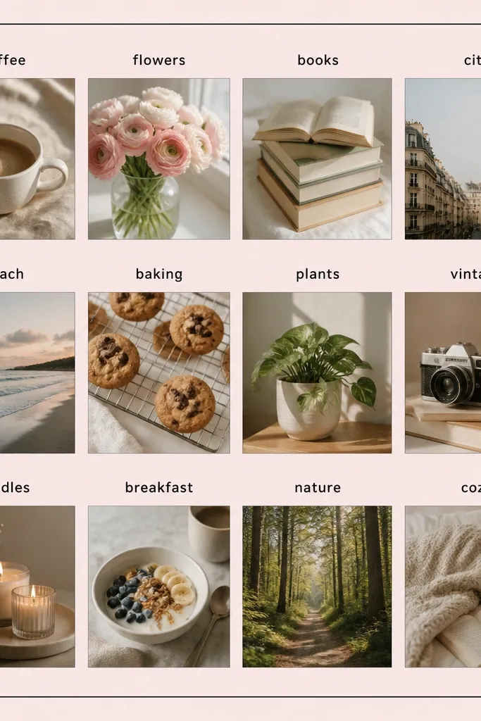 A page that looks like a sticker sheet: three rows of small photo squares, each with a printed label above it. The labels are in simple black text. A thin border surrounds the whole sheet, and the background is pale pink.