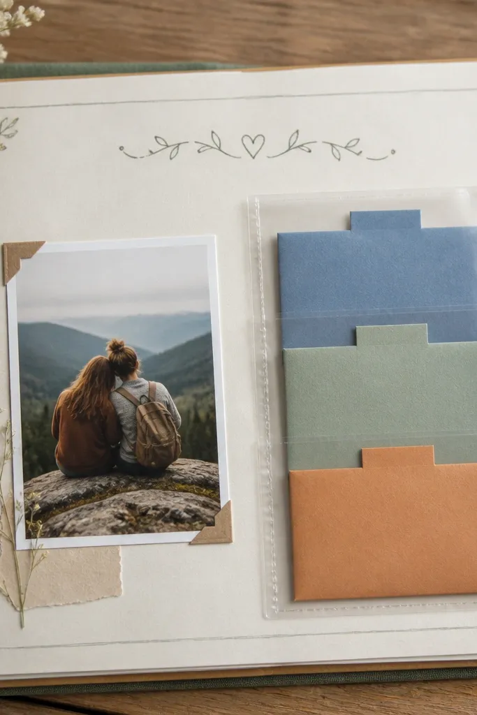 A scrapbook page with a clear plastic pocket on the right side and a small photo on the left. Inside the pocket are three folded notes with tabs. The tabs are color-coded: blue, green, and orange. A handwritten title sits at the top.