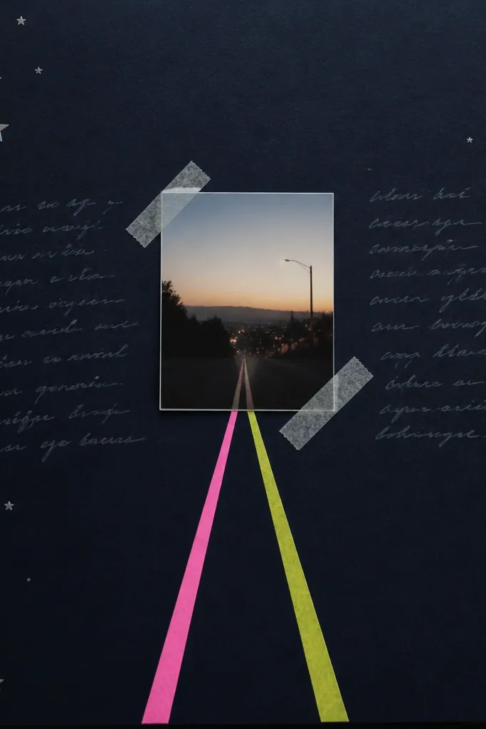 A page with a dark navy background. Two strips of neon washi tape form road lines leading toward a small photo in the center. The edges have faint star stickers. The journaling is written in light gray.