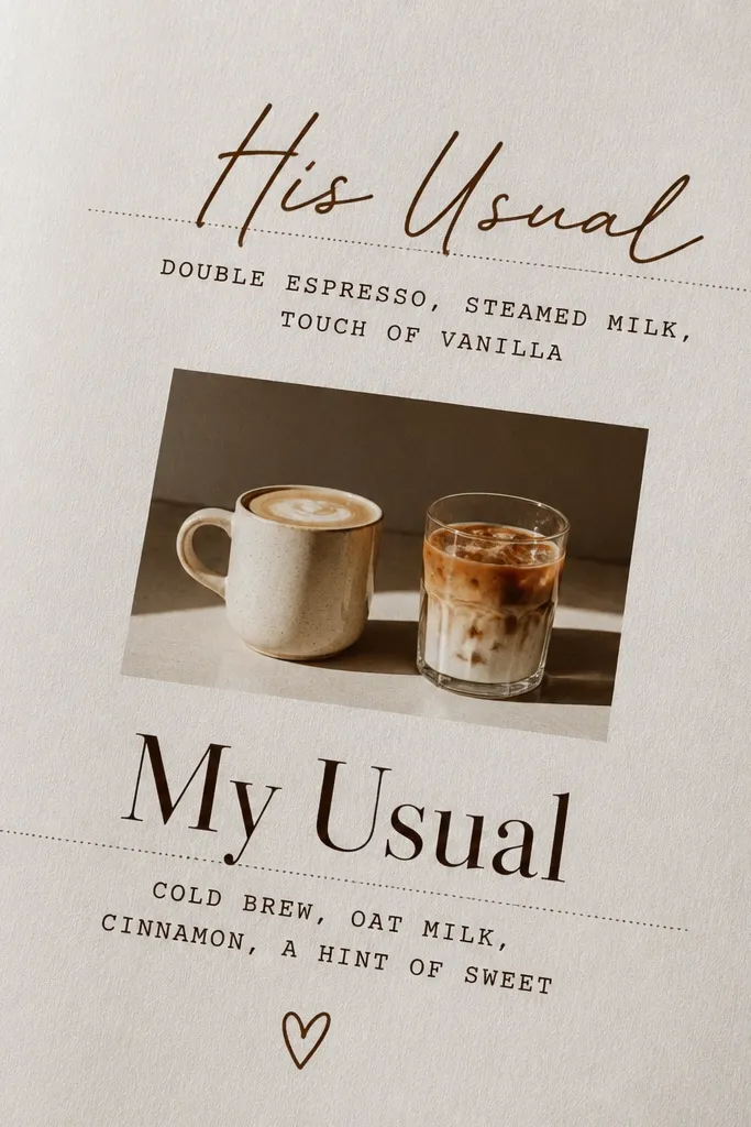 A page with a printed coffee menu background. Two coffee labels are typed in different fonts: one is his usual, one is yours. A small photo of two drinks sits between them. The text is in brown and black ink, with a tiny heart doodle.