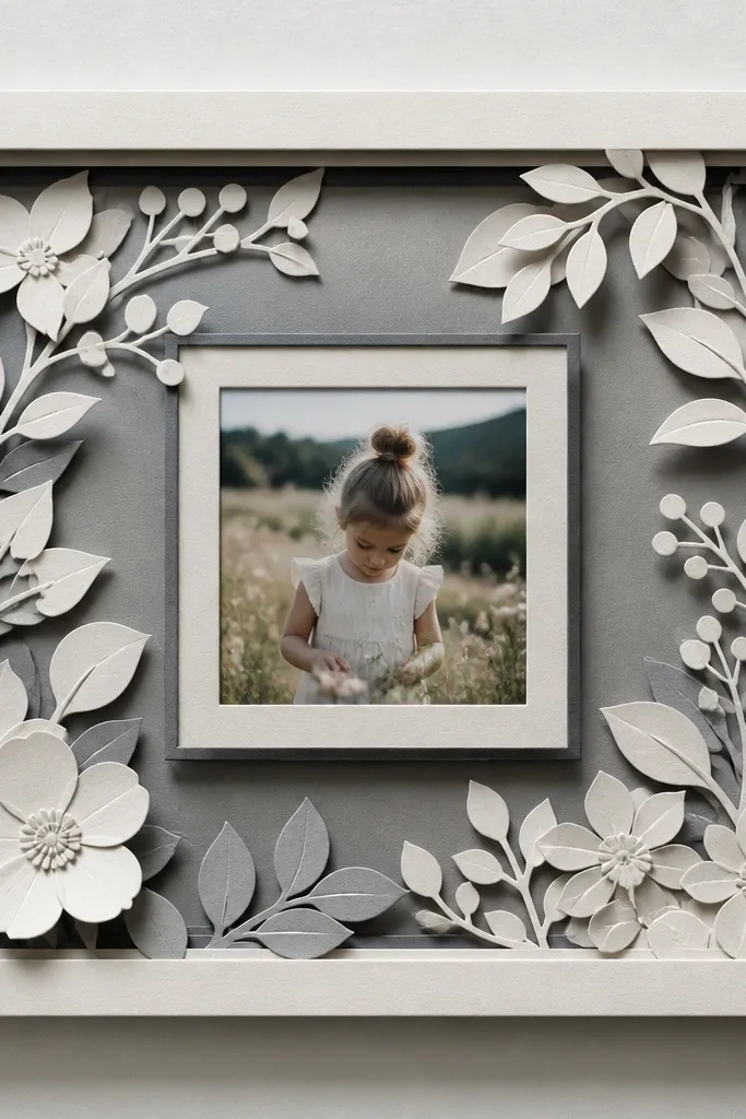 A page that looks like a shadow box: a layered stack of paper cutouts forms a 3D frame around a small photo. There are two layers of backing cardstock in different shades of gray. The photo sits in the middle with a raised paper border.