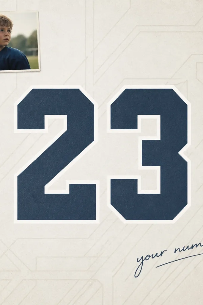 A page with a large jersey-style number in the center, outlined in white. Behind the number is a faint pattern made from thin lines. A small photo sits in the top left, and a handwritten "your number" note is in the bottom right.